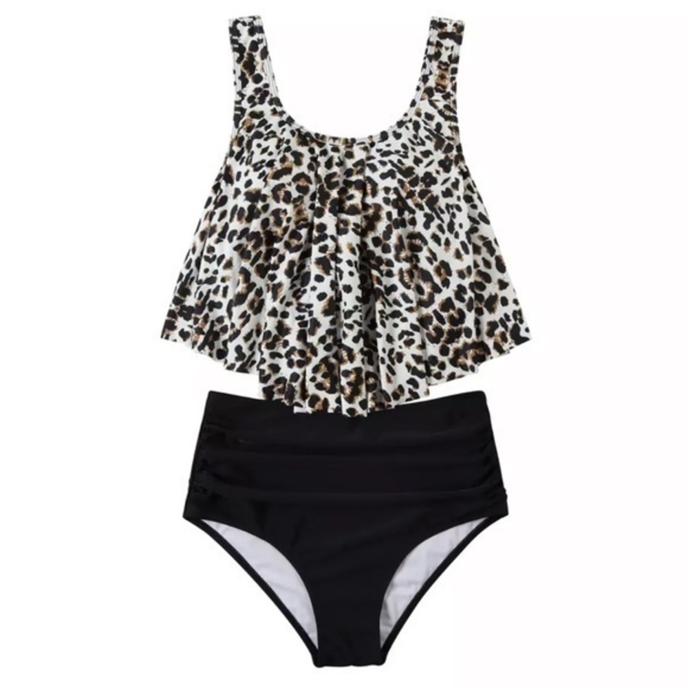 Tankini Two Piece Animal Top Black Bottom Swimsuit